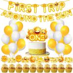 Zyozique You're My Sunshine First Birthday Party Decoration With First Trip Around the Sun Birthday Banner,Cake Topper ,Cup Cake Topper and Balloon for Baby Girl Boy 1st Birthday (Pack of 37)