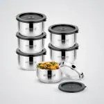 Kitchen Clue Black And Silver Stainless Steel Double Wall Airtight Insulated Lunch Box 430 ml (6 Pc)