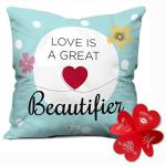 Indigifts Light Blue Satin, Cotton Love Is A Great Beautifier Quotes Printed Cushion Cover With Filler - Valentines Day Gift For Girlfriend Boyfriend - 12 x 12 Inch