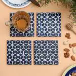 DULI Set of 4 MDF Wood Square Coaster Set for Table accessories 10x10cm (Blue Cubes)