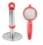 URBAN BUY Stainless Steel Pav Bhaji Masher With Solid Plastic Tea Strainer and Multicolour, Pack of 2