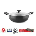 RBGIIT Hard Aodized Kadai Kadhai Works Decorative Serving Cooking Bartan With Stainless Steel Lid Fetting Handle HC-32