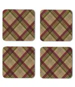 Whats Your Kick Dark Brown Red Green Crossing Fabric Check Pattern Design Printed Set of 4 Coaster With Metal Stand
