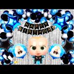 SV Traders Baby Booss Theme Birthday Decoration/Chiller Party Theme/Boys Birthday Combo Of 70 Pcs-Black Bunting Banner(13)+Silver Foil Curtain(2)+Booss Baby Foil Set Of 5+Black Foil Star(2)+Metallic HD Balloons Blue(15)