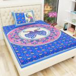 Ubania Collection Blue Cotton Single Jaipuri Prints Bedsheet With Pillow Cover (Set Of 1)