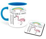 Whats Your Kick Unicorn Theme Follow Your Dreams Printed Sky Blue Ceramic Coffee Mug with Coaster and Tea Mug 325 ML
