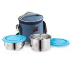 NanoNine Tiffiny Blue Stainless Steel Double Wall Insulated Lunch Box with Bag (325+ 225) ml 2 pcs