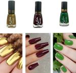 Temper Long lasting High Shine Nail Polish combo Golden, Maroon, Green (Pack of 3)