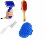 PetCeptual Dog Hair Grooming Combo Of Flea comb + Wooden Brush + Slicker Brush + Bathing Gloves For Pets Dogs, Horse, Cats