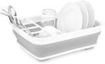 Floraware Collapsible Dish Drying Rack, Folding Dishes Rack with Drainer for 8 Large Plates, Kitchen Accessories Storage Organizer, White and Grey