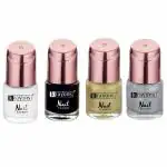 Krayons Crazy Gel Nail Enamel Waterproof Smudgeproof Longlasting 8 ml Each Combo Pack of 4 Golden Treasure Silver Glitter White Snow Black Shadow