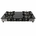BlowHot Jasper Piezo Auto Ignition Heavy Brass 4 Burner Gas Stove | Toughened Glass Cook Top | Blue Flame | Stainless Steel Frame - (Black)
