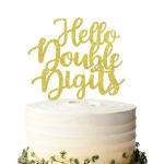 Festiko Gold Glitter Hello Double DigIts Cake Topper, 10 Years Old Cake Topper, 10th Birthday Party Decoration, 10 Wedding Anniversary Cake Decor
