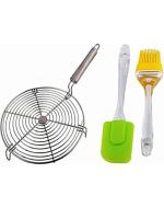 Wofier Steel Barbeque Jali Roti Roast Grill Papad Roaster Chapati Toast Grill Wooden Handle Paneer Tandoor Net With Big Spatula And Oil Brush Set - Pack Of 3