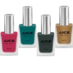 JUICE ONE COAT NAIL PAINT COMBO ROCK BOTTOM - M04, BRIGHT AQUA - M06, CARDINAL RED - M08, DIJON GOLD - M15 LONG LASTING 11ML EACH PACK OF 4