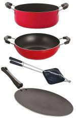 Nirlon 4 pcs of Red and Black Non-stick Aluminium Chemical Free Kitchenware Cooking Utensil Combo Set, Standard