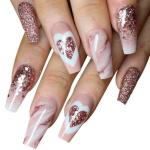 Secret Lives Acrylic Press on Designer Artificial Nails Extension Light Pink Heart and Pink Glitters Design 24 pcs Set with Manicure Kit