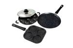 MAYFAIR+ Spatter Design Good Quality Non Stick Combo Of 28cm Dosa Tawa, 23cm Appam Pan With Steel Lid& 19cm 4 In 1 Mini Grill Pan/Snack Maker