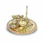 Dokchan Traditional Handcrafted Brass Pital Puja Thali Set of 7 Piece for Pooja 9 Inch Round Golden