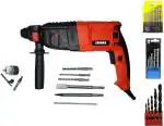Sauran 20mm, 800W Heavy Duty Reverse Forward Hammer with Drill Chuck, 13 Pcs Drill bit set for Iron/Wood, 5 Pcs Drill Bits for Concrete, 5 Pcs Drill Bits for Wood, 2 Chisels and 3 Hammer Bits