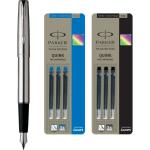 Parker Frontier Stainless Steel CT Fountain Pen + Quink Ink Cartridge - Black & Blue (Pack of 6)