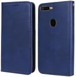 Unistuff Faux Leather Back Case Flip Cover for Oppo A5S with ID Card Slot | Foldable Kickstand | 2 Card Slot | 1 Cash Slot - Executive Blue, 61139