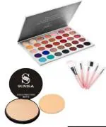 SUNISA Studio Fix Natural Shade Matte Full Coverage Compact Powder AND 35 Multicolour Eyeshadow Palatte with 5 Pink Makeup Brushes - (Pack of 7)