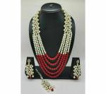 Gyaan Jewels Handmade Gold Plated Alloy Necklace, Earring and Maang Tikka Set Red (Women, Girls) Free Size