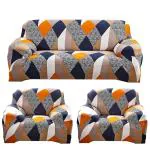 Alkaylaa Orange Check Sofa Cover One 3 Seater and Two 1 Seater Slipcover Protector Fully Covered for Living Room Non-Slip Sticky Elastic Stretchable Couch Sofa Set