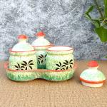 ARDVAN INDIA Pickle Jar Storage Container Aachar Masala Chutney Serving Canister Set with Tray (Set of 3, Green - Black Tree Painting) | Condiment Set | Pickle and Chutney Jar Set for Dining Table