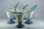 PotteryTown Craft Ceramic Cone Shape Ice-Cream Cup Set with Spoon Pack of 6 Blue & White