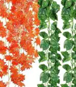 Dekorly Artificial Green Leaf Vine Money Plant Hanging, Artificial Ivy Leaves, Artificial Creeper Leaf Vine, Artificial Ivy Foliage, Ivy Wall Decor,Roof Decor | Each Plant 6 Feet (Orange & Green, 6)