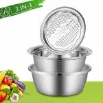 3in1 Thicken Stainless Steel Basin Grater Vegetable Fruit Slicer with Drain Basket Washing 26cm Bowl