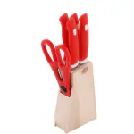 IMPHI 4 Piece Stainless Steel Knife Set, 1 Piece Scissor and 1 Wood Stand with High-Carbon Blades and Pine Wood Block Red - Kitchen Tool Set