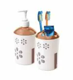 Plastic Bathroom Accessories Set for Utility and Bathroom Decor | Liquid Soap Dispenser, Toothbrush Holder (2pcset)