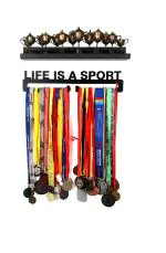 FITIZEN Trophy Shelf and Life is a Sport 18 Medal Hanger, Medal Hanger for Sports, Medal Holder Display Hanger Rack Medals Black Medal Holder Wall Mount Medal Frame by Fitizen
