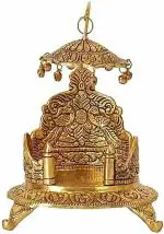 Navyaksh- Indra Art Collection Singhasan Oval Shaped for Ganesha Krishna God Idols - Gold Plated Ladoo Gopal Pooja Chowki for Temple Mandir Puja Idol Decoration Items Decorative Showpiece - 18 cm (Metal, Gold)