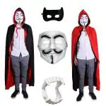 Kaku Fancy Dresses Black and Red Reversible Vampire Dracula Cape For Kids With Black Eyepatch & Devil Teeth | Halloween Vampire Cloak For Kids - 7-8 Years