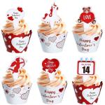 Festiko 48 Pieces Valentines Day Cake Wrapper And Toppers Heart Cupcake Wrappers Valentine Cupcake Liners Cake Wrap Decoration For Cupcake Decoration Valentines Day Party Supplies