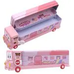 WISHKEY Cute & Colorful Cartoon Printed School Bus Pencil Box, School Stationary For Kids (Pink)