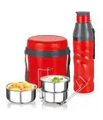 MyPro - Lunch Mate Gift Set - 3 Layer Lunch Box Tiffin Box + Gravity 1000 Insulated Bottle | 3 Containers Lunch Box, Bottle for Office Picnic,Travel (Color Red)