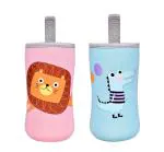 Agroha Cute Animated Patterned Soft Stretchable Baby Feeding Bottle Cover with Easy to Hold Strap for 120ml, 150ml, 240ml (Dinosaur & Lion, Pack of 2) (Multicolor)