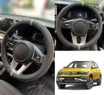 Oshotto SC-19 Fiber Leather Car Steering Cover Compatible with Volkswagen Taigun (Black, Beige)