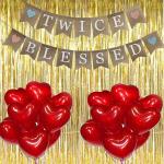 Festiko 22Pcs Decoration Combo (1 Set Twice Blessed Photo Banner, 20Pcs Red Heart Shaped Latex Balloons, 3Ftx6Ft Golden Foil Curtains) For Party Decoration