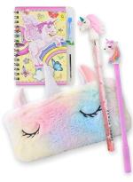 SAMVARDHAN Unicorn Fur Purse Wallet Pouch/Plush Furry Feather Pouch Zipper Pencil Box, School Supplies Mini Spiral Diary,Pen Unicorn Pencil,Cute Stylish Gel Pen/Return Gift Theme Party Supplies