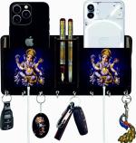 Arpita Crafts Ganesh_ Printed_ 3 Key Holder 6 Hook Mobile Holder Office and Home Decor