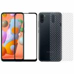 Kite Digital Samsung A11 Back Screen Protective Film Carbon Fiber Skin Transparent Screen Guard Sticker + 5D/6D/11D/21D Black Premium Tempered Glass Screen Protector