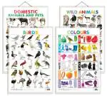 GO WOO Combo of 4 Domestic Animals and Pets, Wild Animals, Birds and Colours Charts for Kids