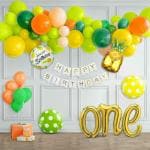 SpecialYou.in Fruit Theme 1st Happy Birthday Decoration Items for Girls with Fruit Foil Balloon Set, Metallic Green, Peach, Lime Green, Orange and Dark Yellow Balloons, White and Gold HBD Banner- 65 Items