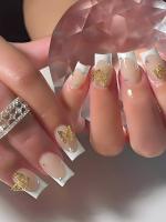 Secret Lives Glossy Reusable Artificial Nude Color with White Tips & Golden Butterfly Stud Design Fake False Press on Nails 24 Pieces Set with Kit